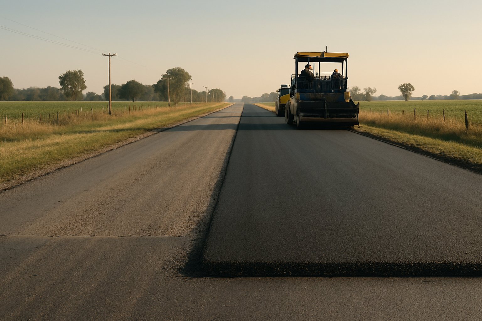 Imagen ilustrativa de repavimentación de una ruta en un entorno rural de Córdoba.