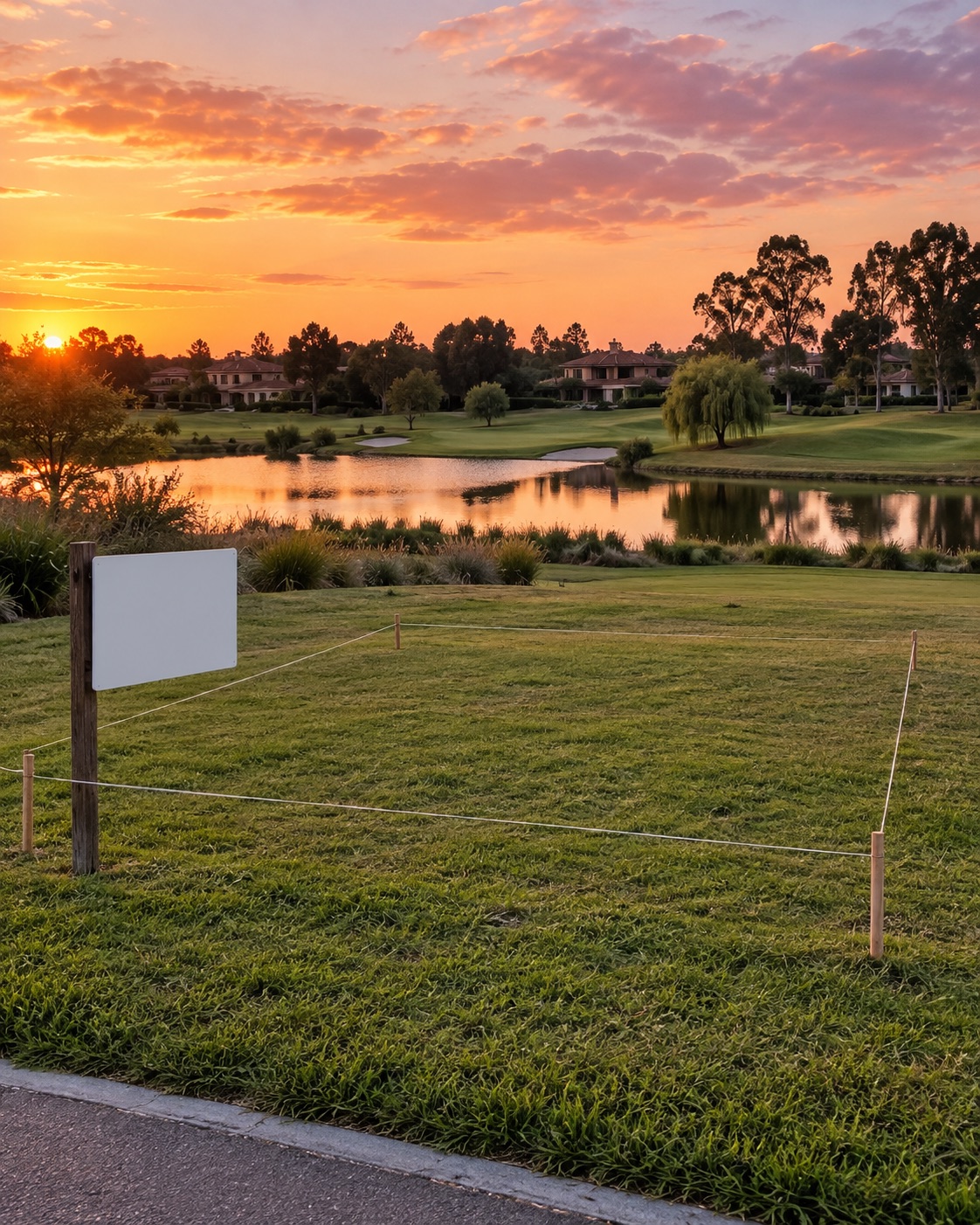Un lote de pasto vacío marcado con estacas e hilo en un barrio cerrado con cancha de golf y laguna al atardecer, con un cartel en blanco sobre un poste